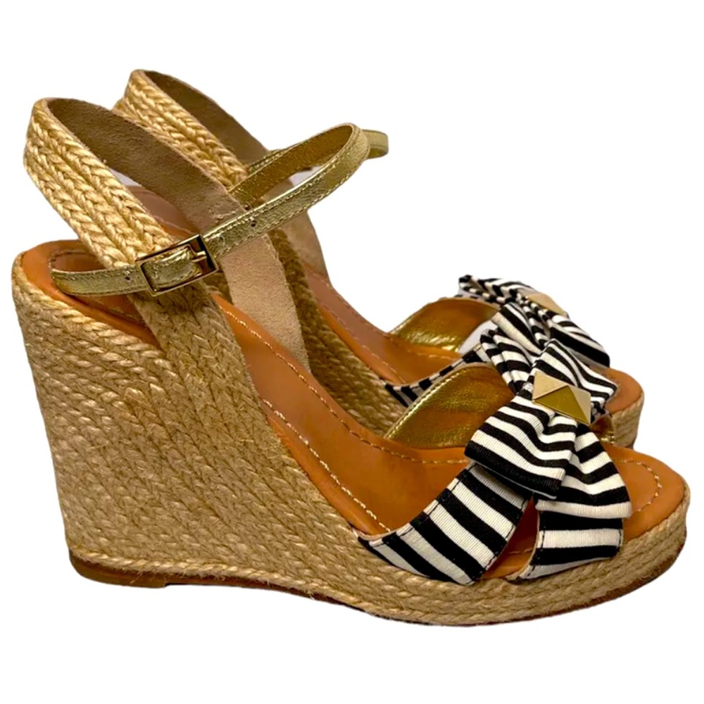 Kate Spade Carmelita Black White Stripe Bow Espadrille Nautical Wedge Sandals 7